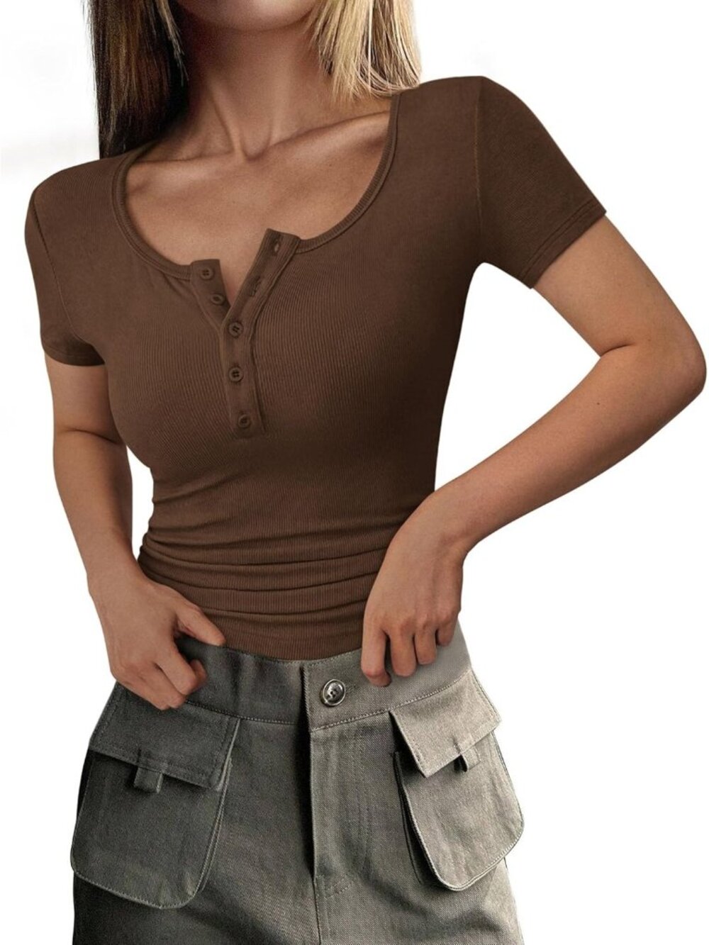 Women's Coffee Short Sleeve Ribbed Henley Button Slim Fit Casual T Shirts